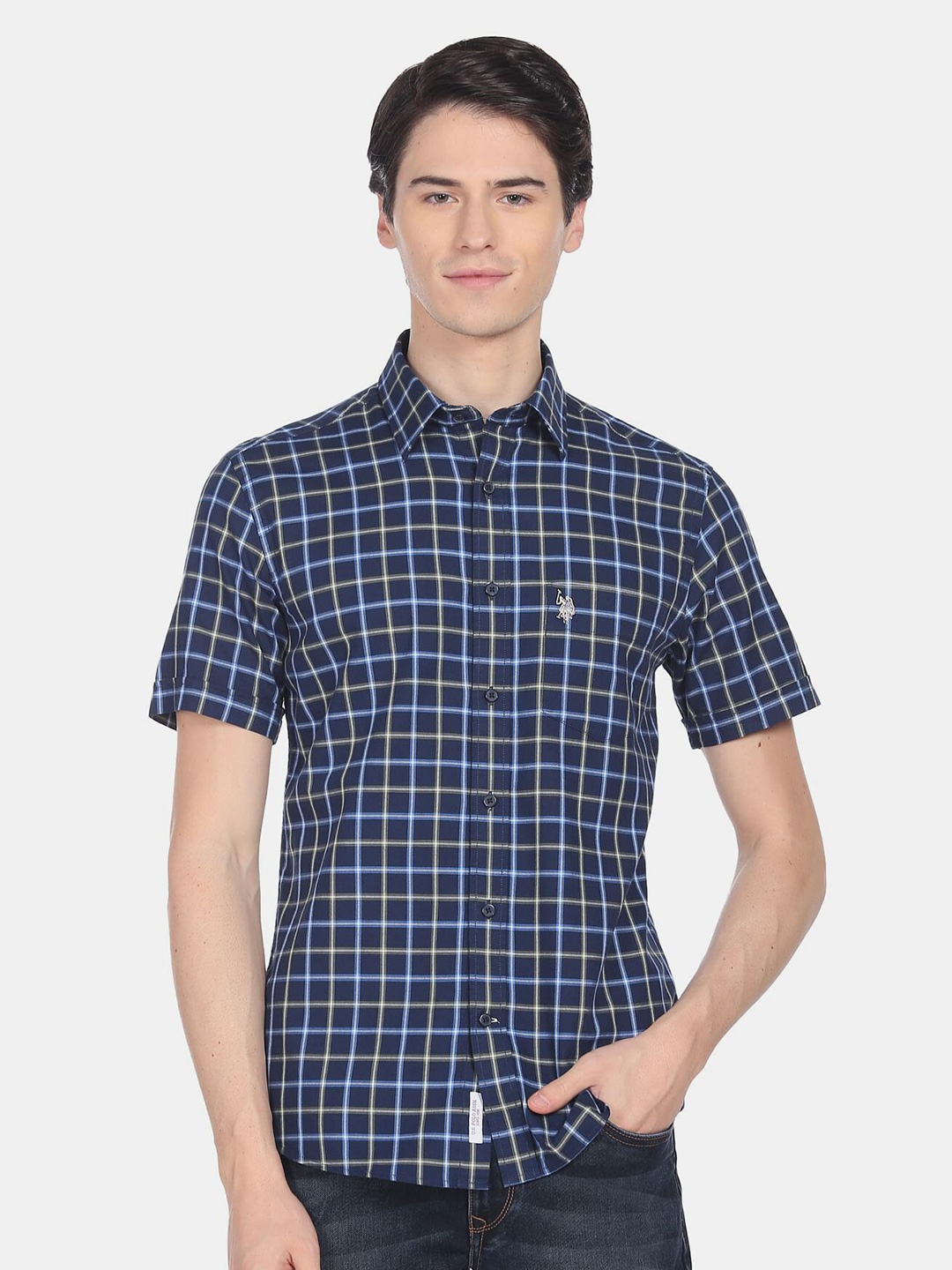 

U.S. Polo Assn. Men Spread Collar Checked Casual Shirt, Blue