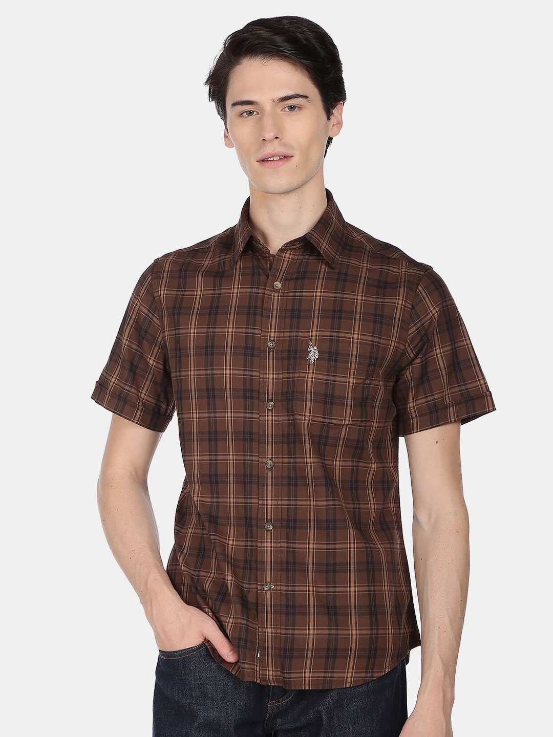 

U.S. Polo Assn. Men Checked Casual Cotton Shirt, Brown