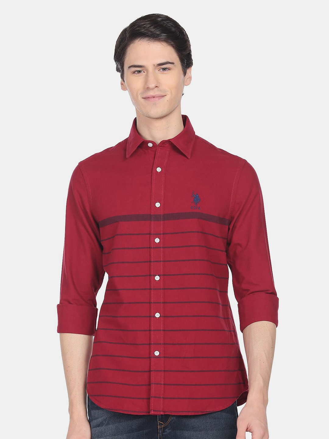 

U.S. Polo Assn. Men Cotton Horizontal Stripes Striped Casual Shirt, Red