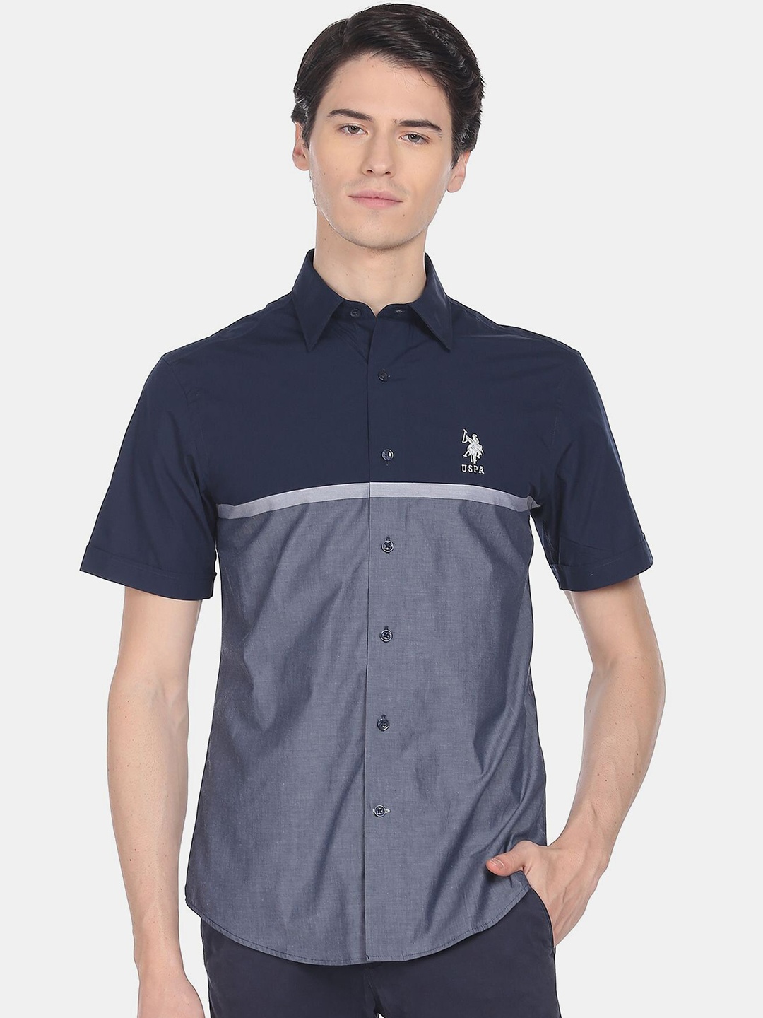 

U.S. Polo Assn. Men Colourblocked Casual Cotton Shirt, Blue