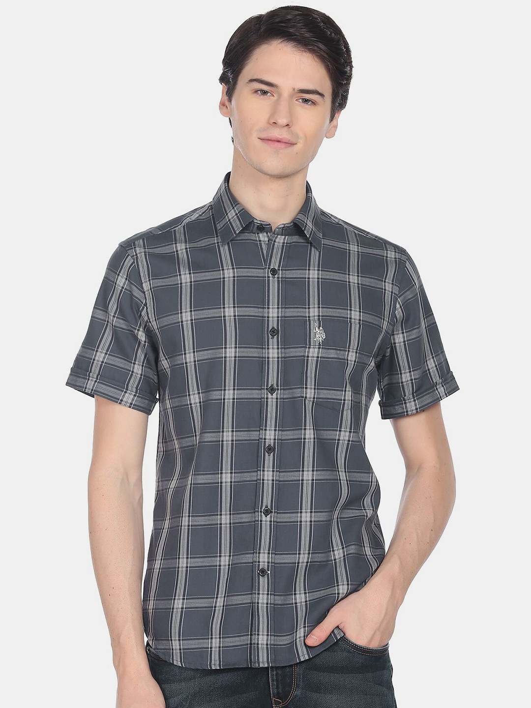 

U.S. Polo Assn. Men Windowpane Checked Casual Cotton Shirt, Grey