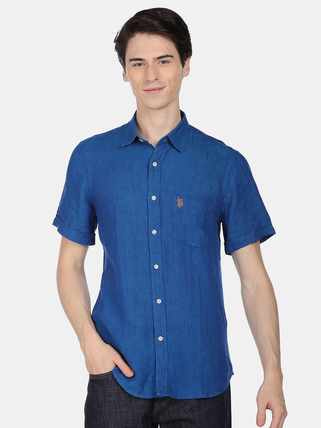 

U.S. Polo Assn. Men Spread Collar Casual Pure Linen Shirt, Blue