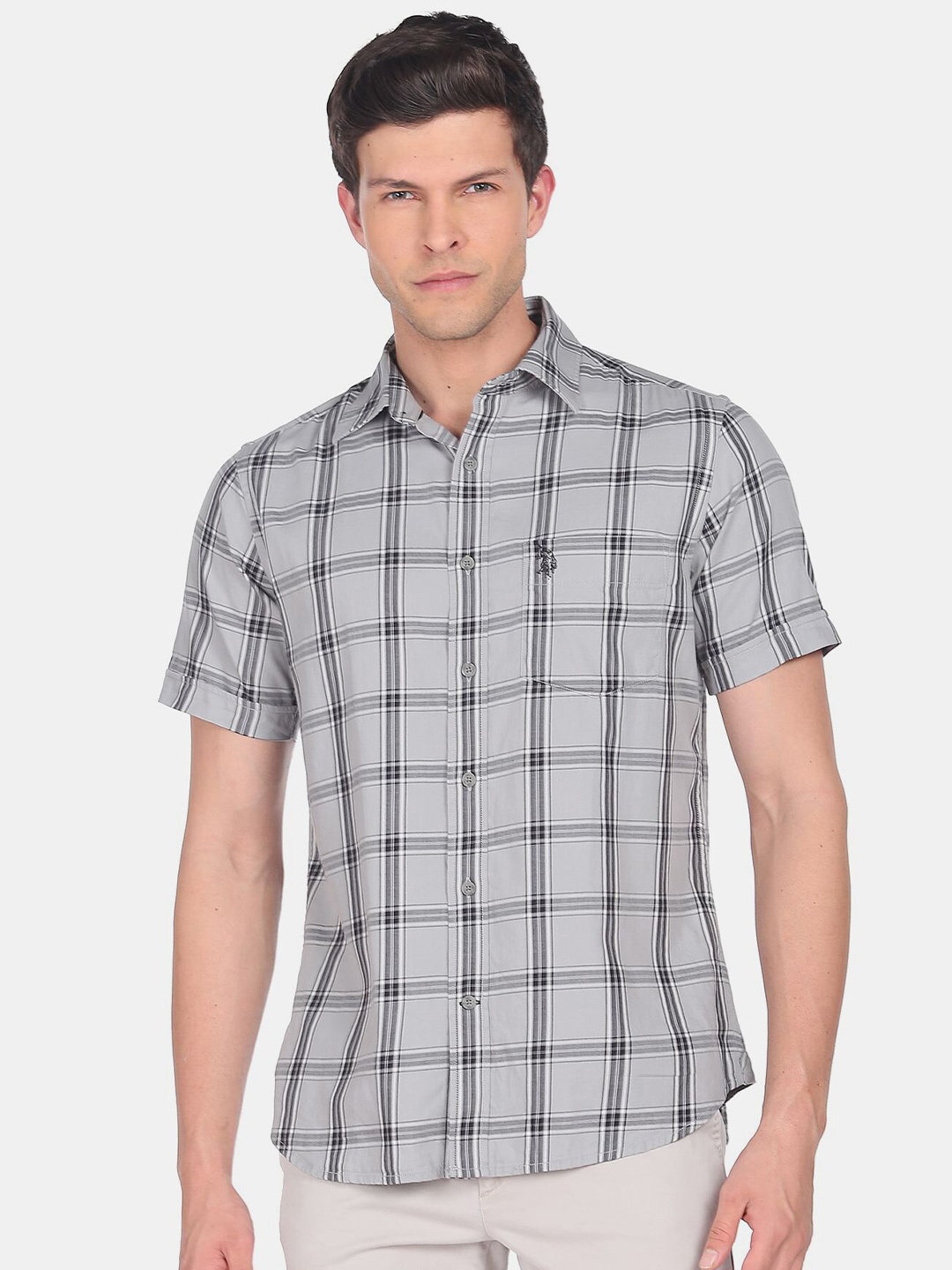 

U.S. Polo Assn. Men Windowpane Checks Pure Cotton Casual Shirt, Grey