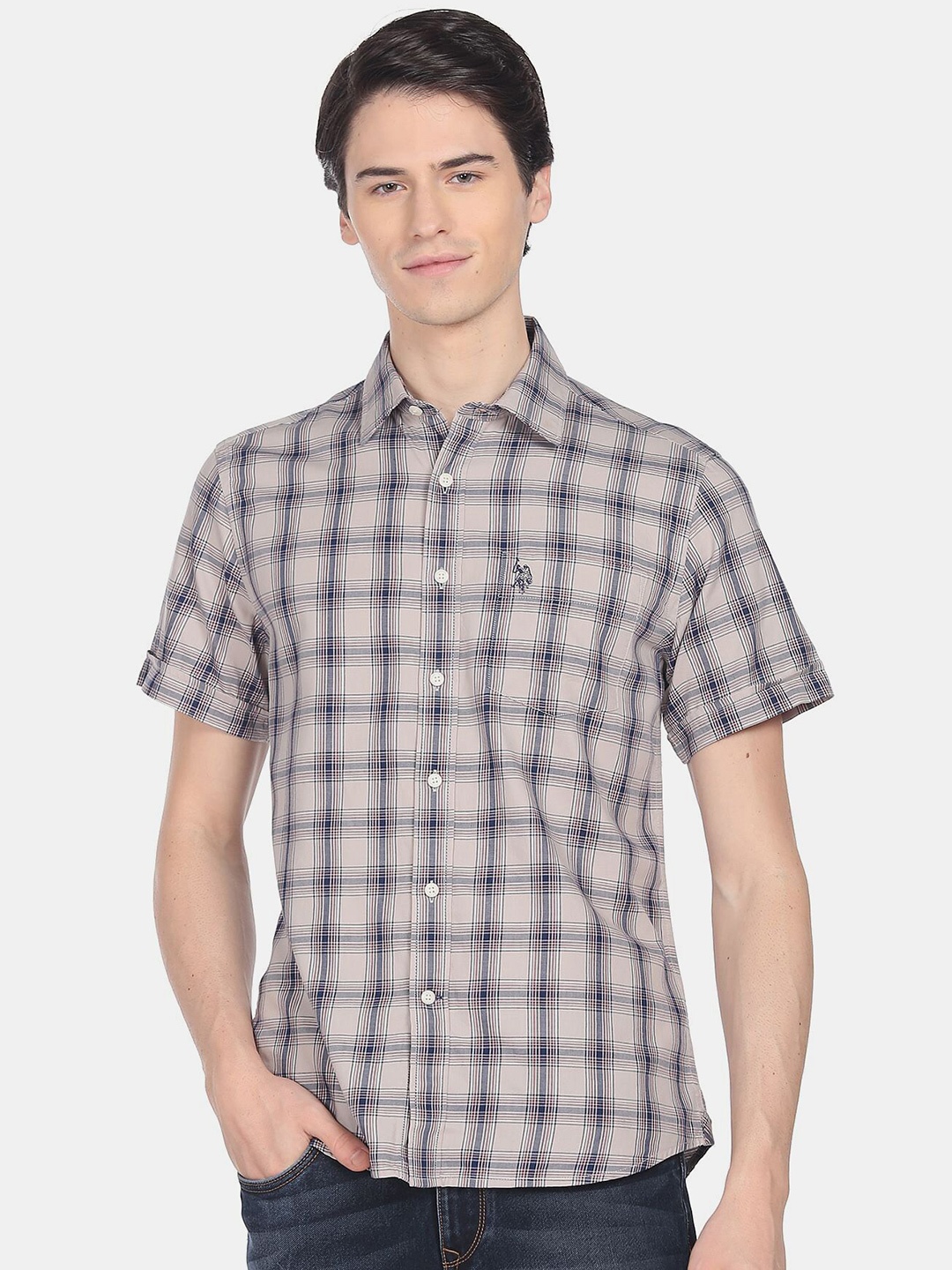 

U.S. Polo Assn. Men Tartan Checks Pure Cotton Casual Shirt, Beige