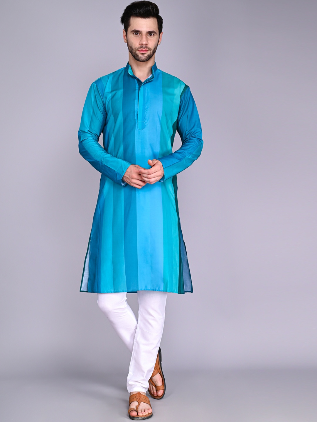 

VESHAM Men Striped Kurta with Churidar, Blue