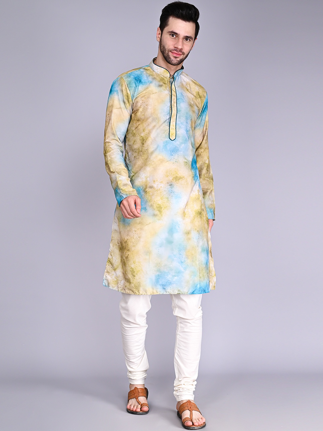 

VESHAM Men Mandarin Collar Dyed Kurta with Churidar, Yellow