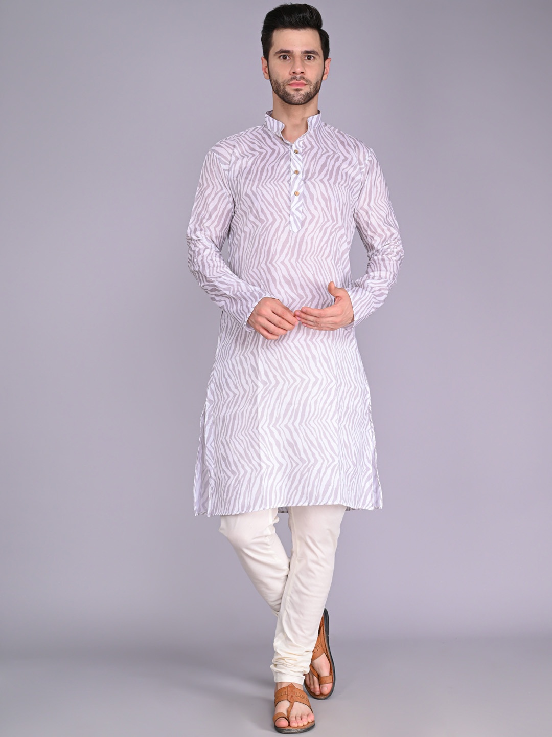 

VESHAM Men Mandarin Collar Printed Kurta with Churidar, Grey