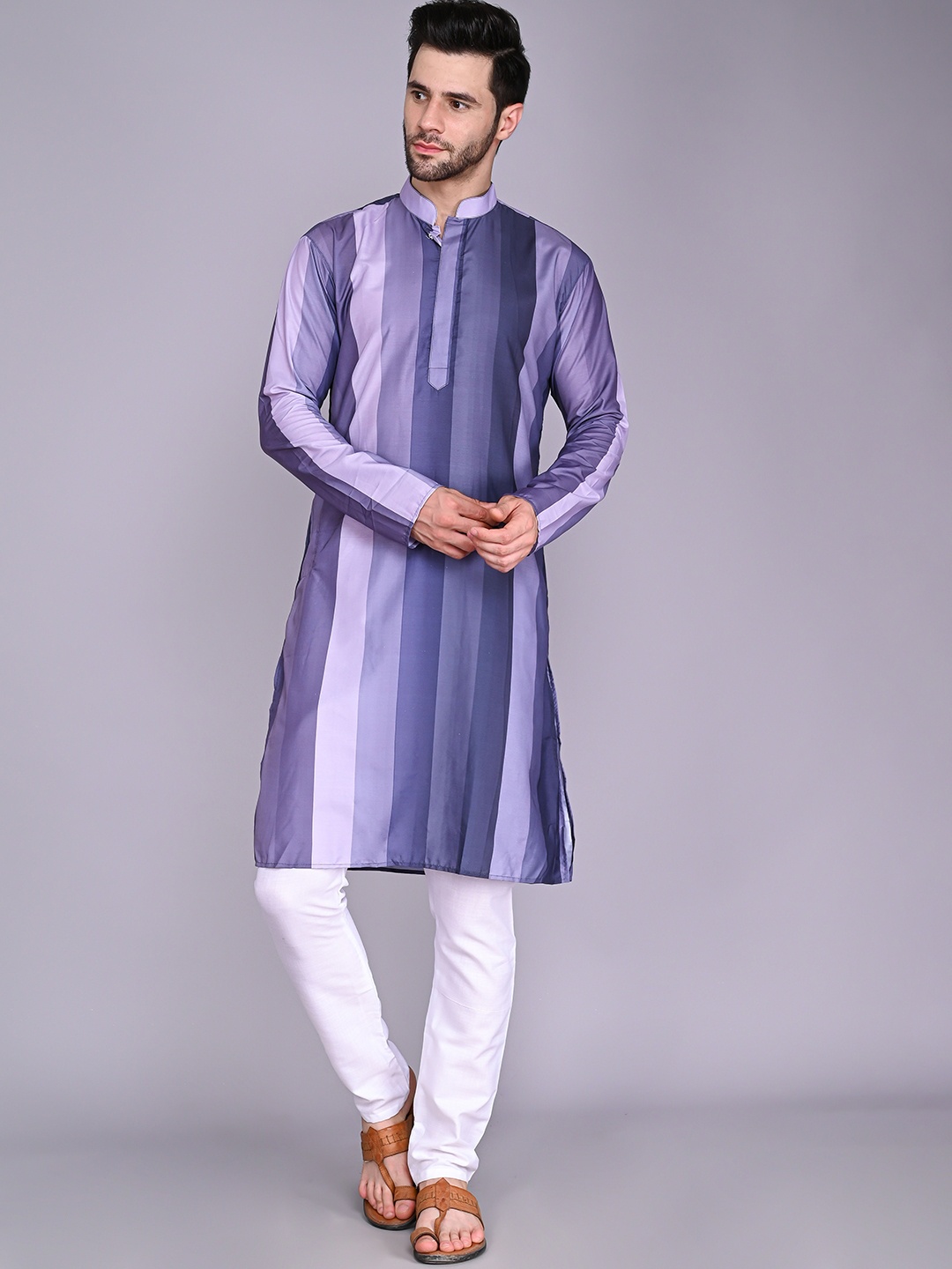 

VESHAM Men Mandarin Collar Printed Kurta with Pyjamas, Lavender