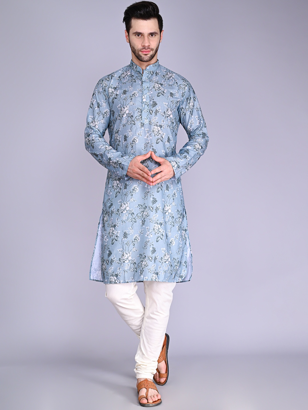 

VESHAM Men Mandarin Collar Floral Printed Kurta with Churidar, Blue