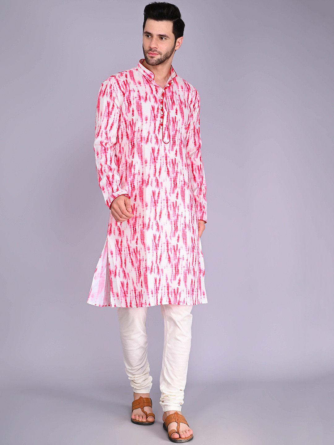 

VESHAM Men Mandarin Collar Dyed Kurta with Churidar, Pink