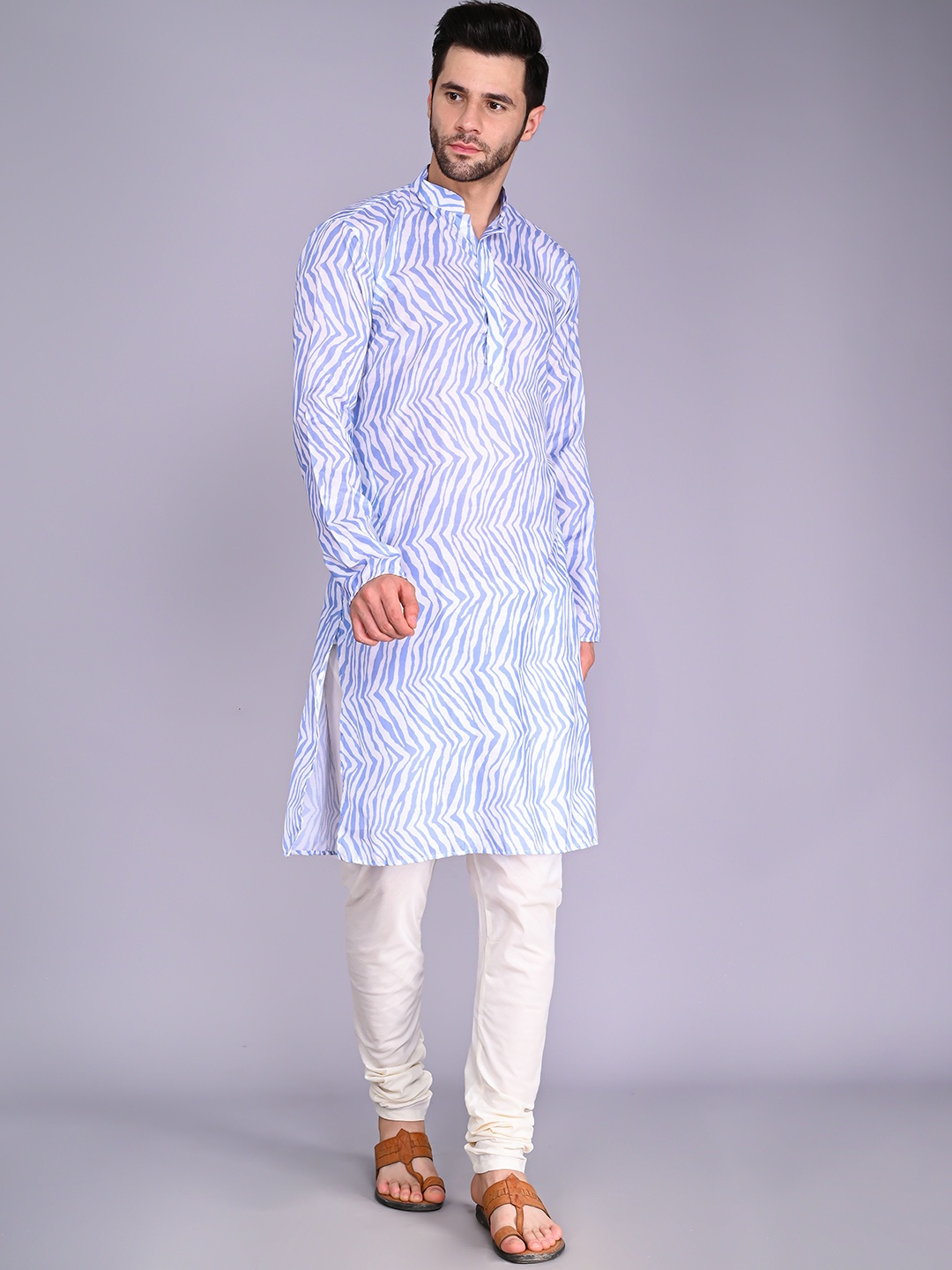 

VESHAM Men Mandarin Collar Printed Kurta with Churidar, Blue