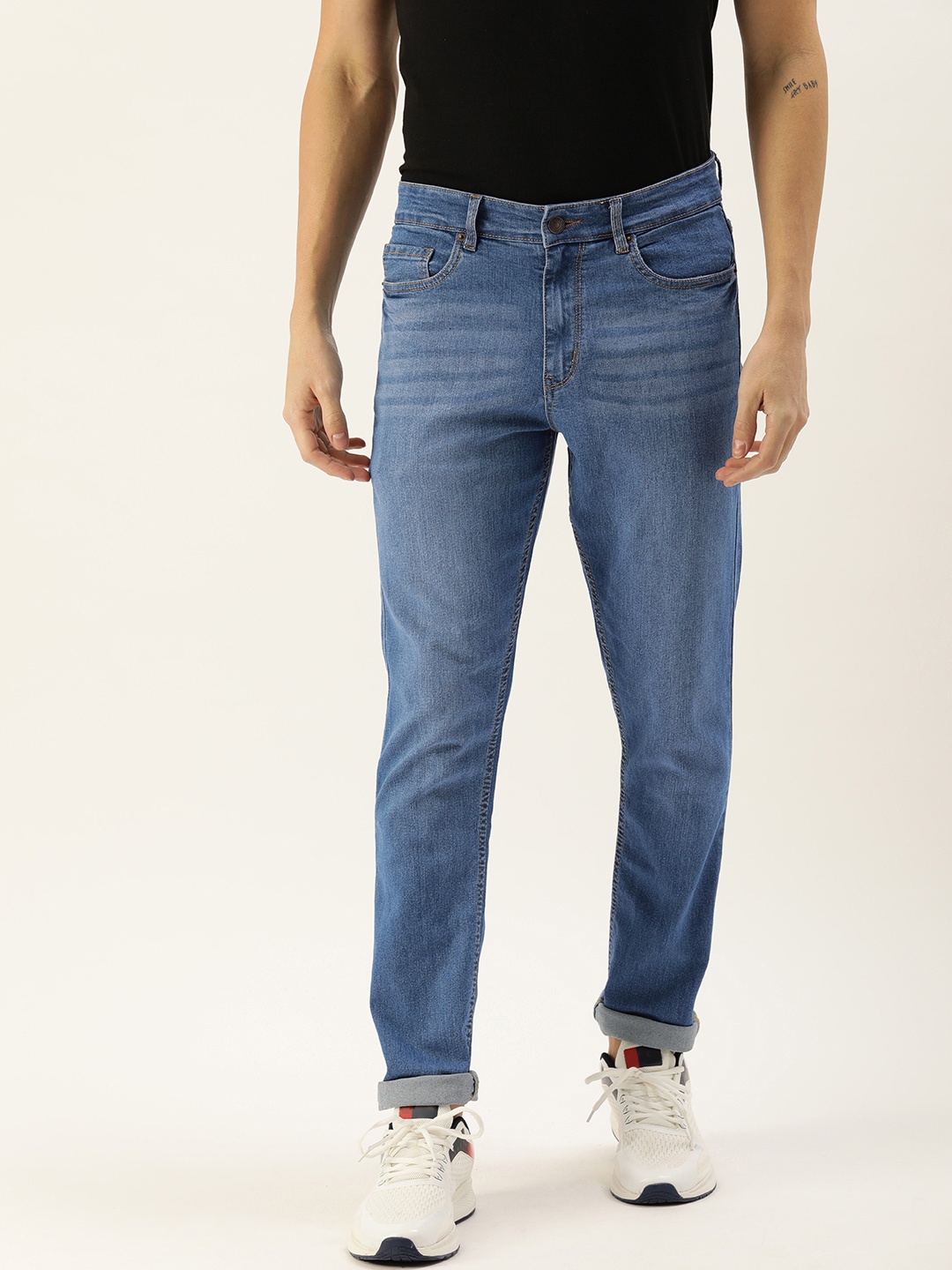 FOREVER 21 Men Heavy Fade Mid-Rise Stretchable Jeans, Blue