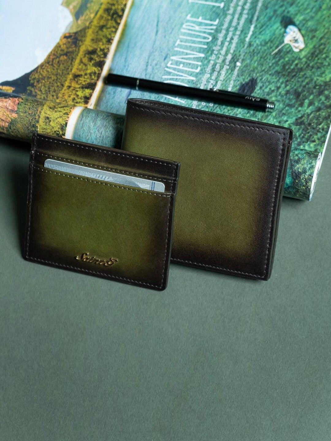 

Saint G Men Solid Genuine Leather Two Fold Wallet With Extra Card Holder, Olive