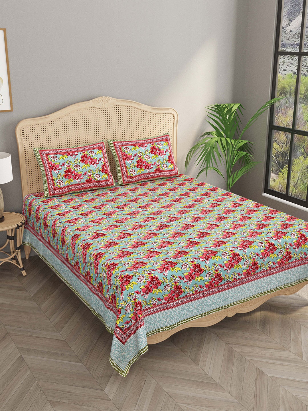 

Gulaab Jaipur Maroon & Blue Floral 400 TC King Cotton Bedsheet with 2 Pillow Covers