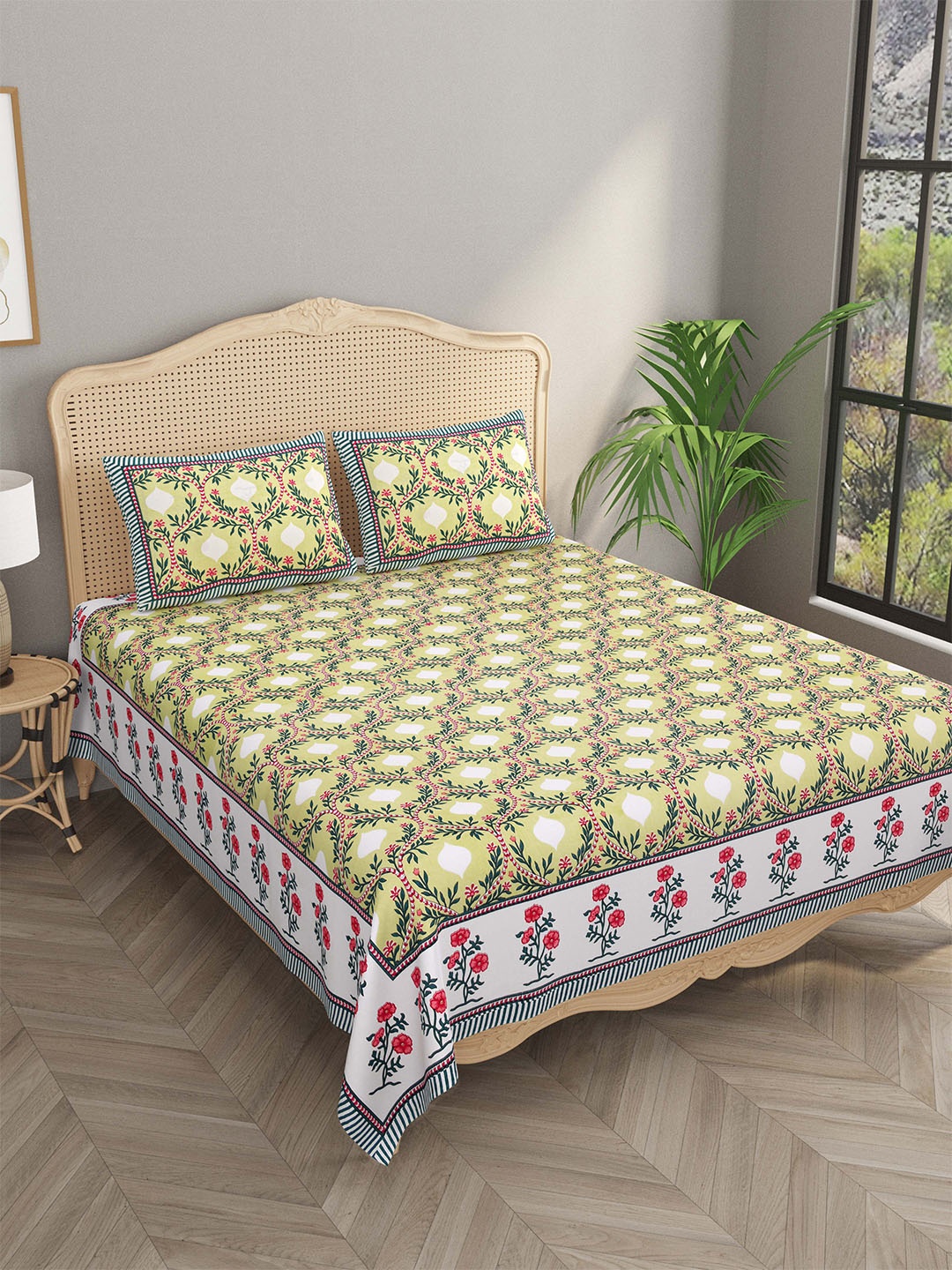 

Gulaab Jaipur Yellow & Pink Floral 400 TC King Bedsheet with 2 Pillow Covers