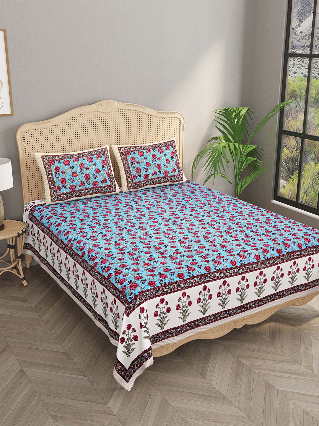 

Gulaab Jaipur Blue Floral 400 TC King Bedsheet with 2 Pillow Covers