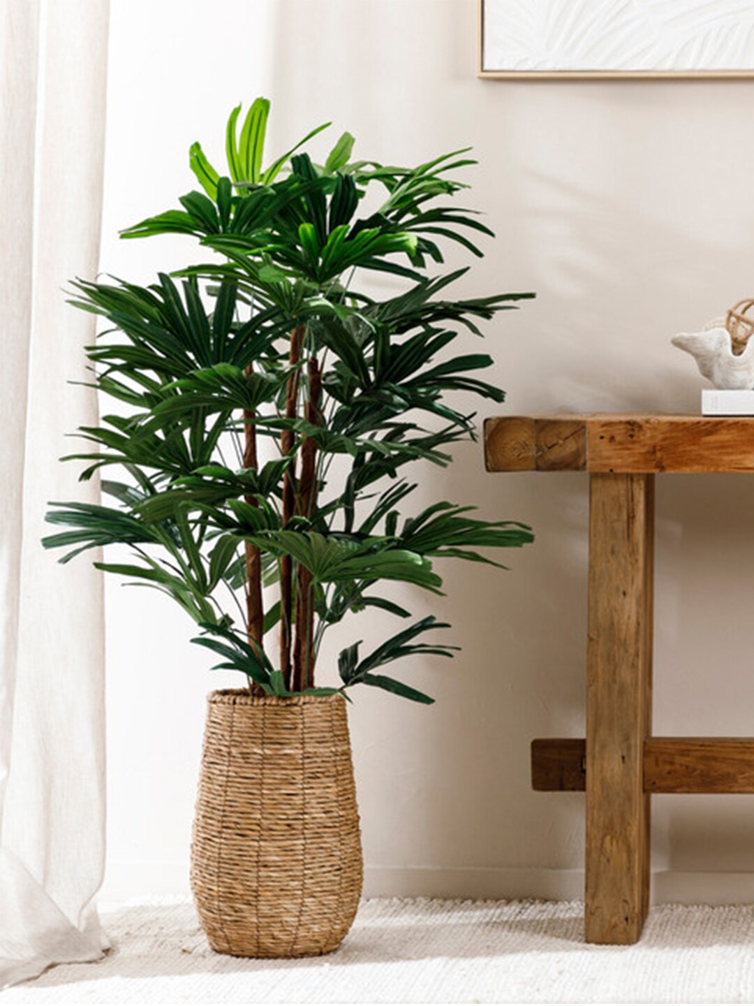 

Fourwalls Green Beautiful Artificial Rhapis Floor Plant with Big Leaves Without Pot