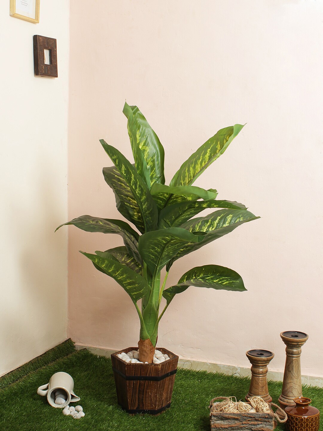 

Fourwalls Green Beautiful Artificial Floor Plant with Big Leaves and Without Pot