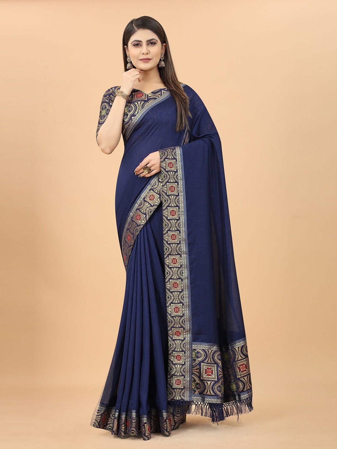 

Grubstaker Blue & Gold-Toned Zari Jute Silk Maheshwari Saree
