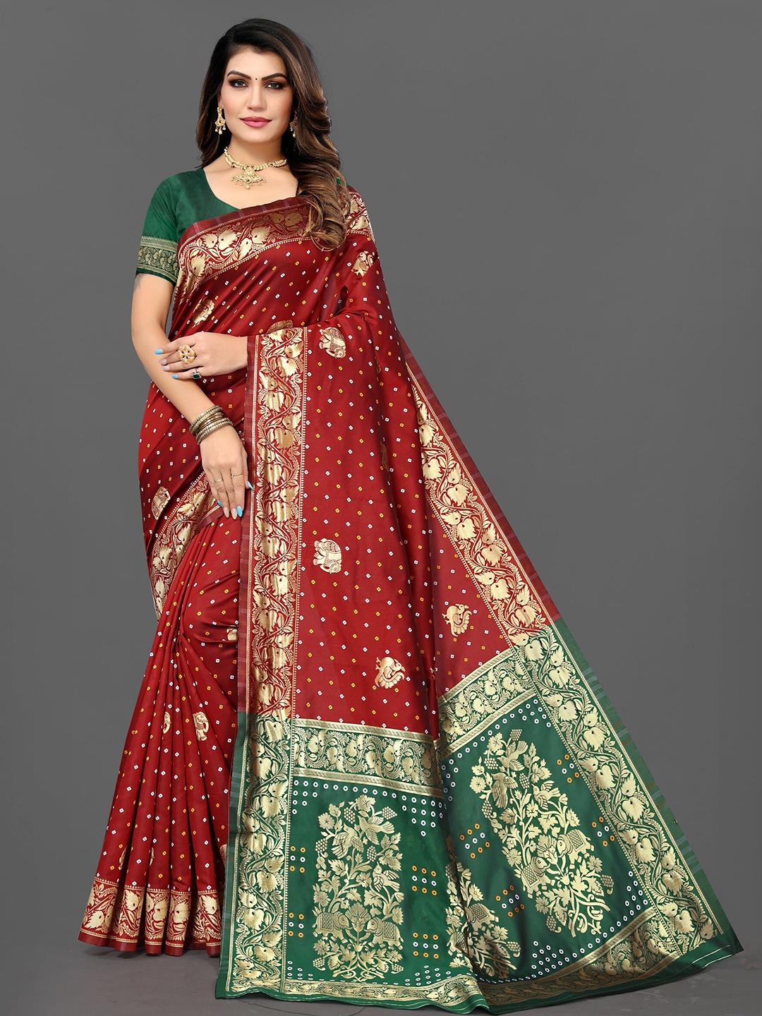 

Grubstaker Red & Green Woven Design Zari Jute Silk Patola Saree