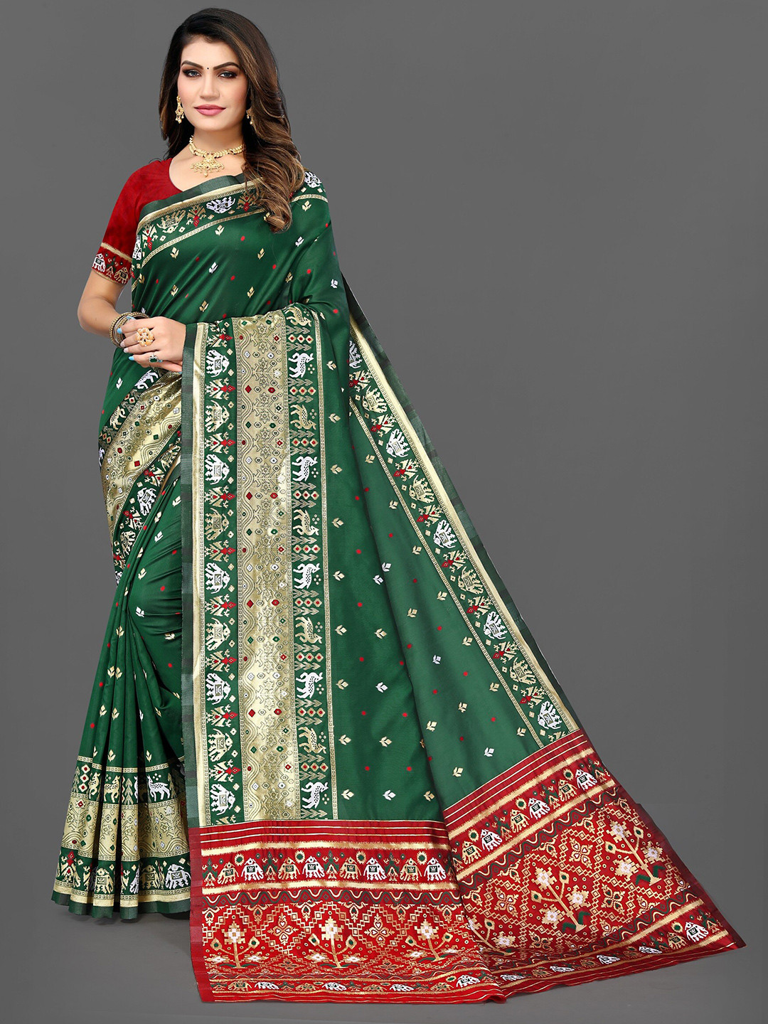 

Grubstaker Green & Red Woven Design Zari Jute Silk Fusion Patola Saree