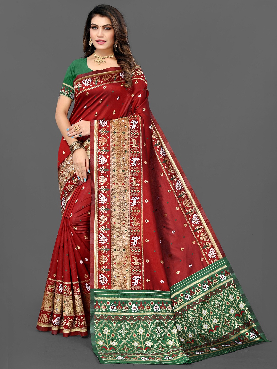 

Grubstaker Red & Green Woven Design Zari Jute Silk Patola Saree