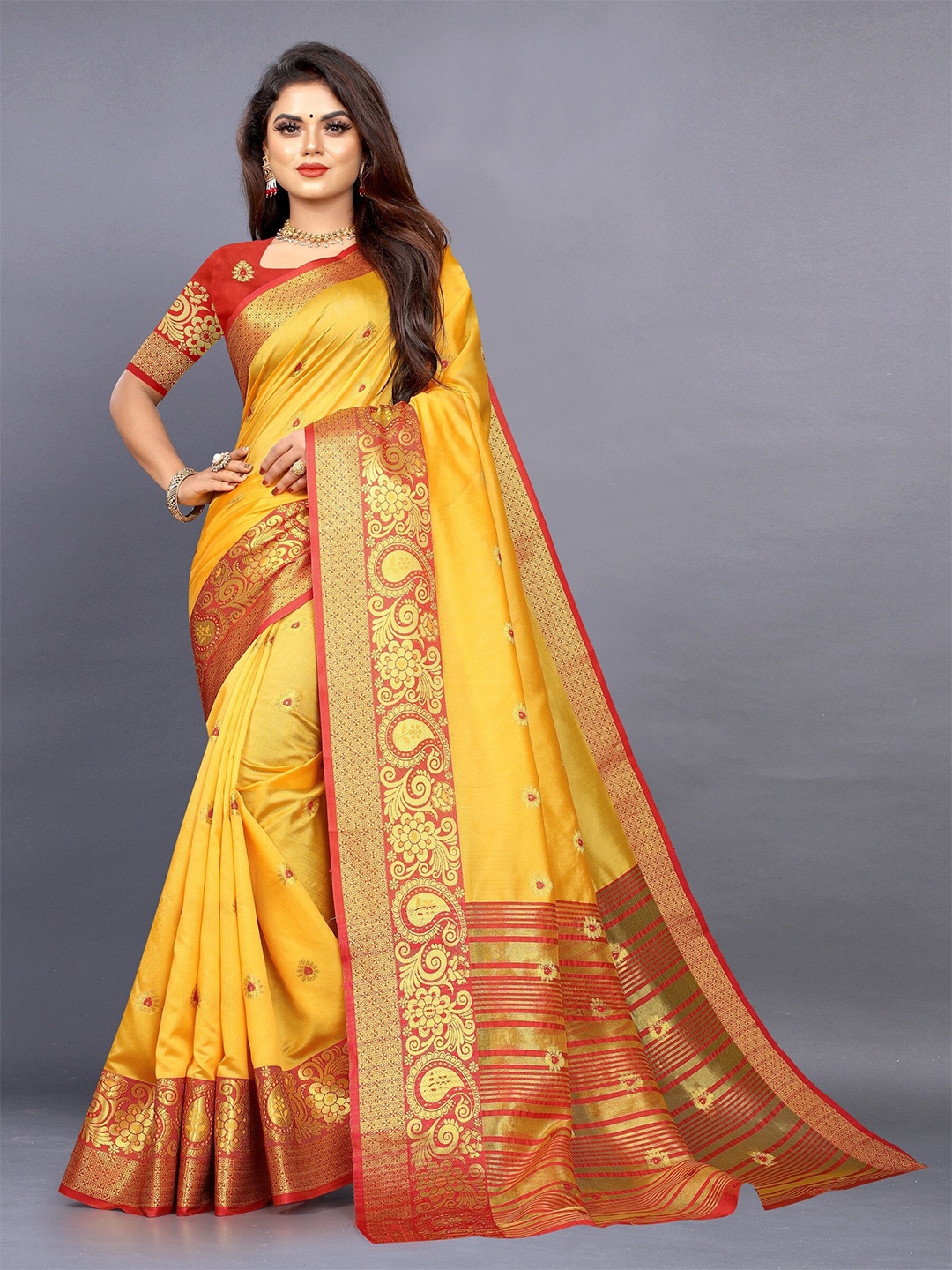 

Grubstaker Yellow & Red Woven Design Zari Jute Silk Fusion Banarasi Saree