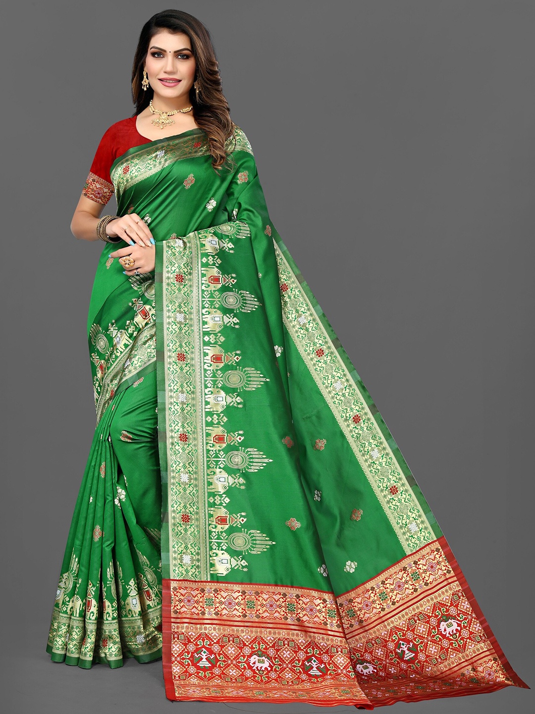 

Grubstaker Green & Red Woven Design Zari Jute Silk Patola Saree