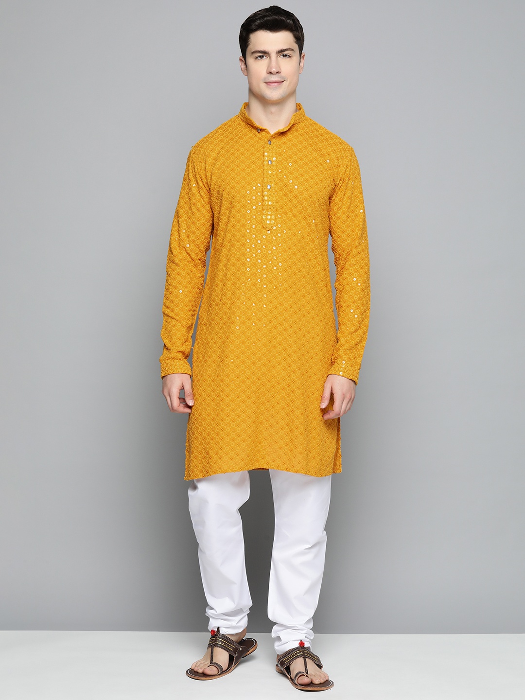 

Jompers Men Floral Embroidered Chikankari Pure Cotton Kurta with Pyjamas, Mustard