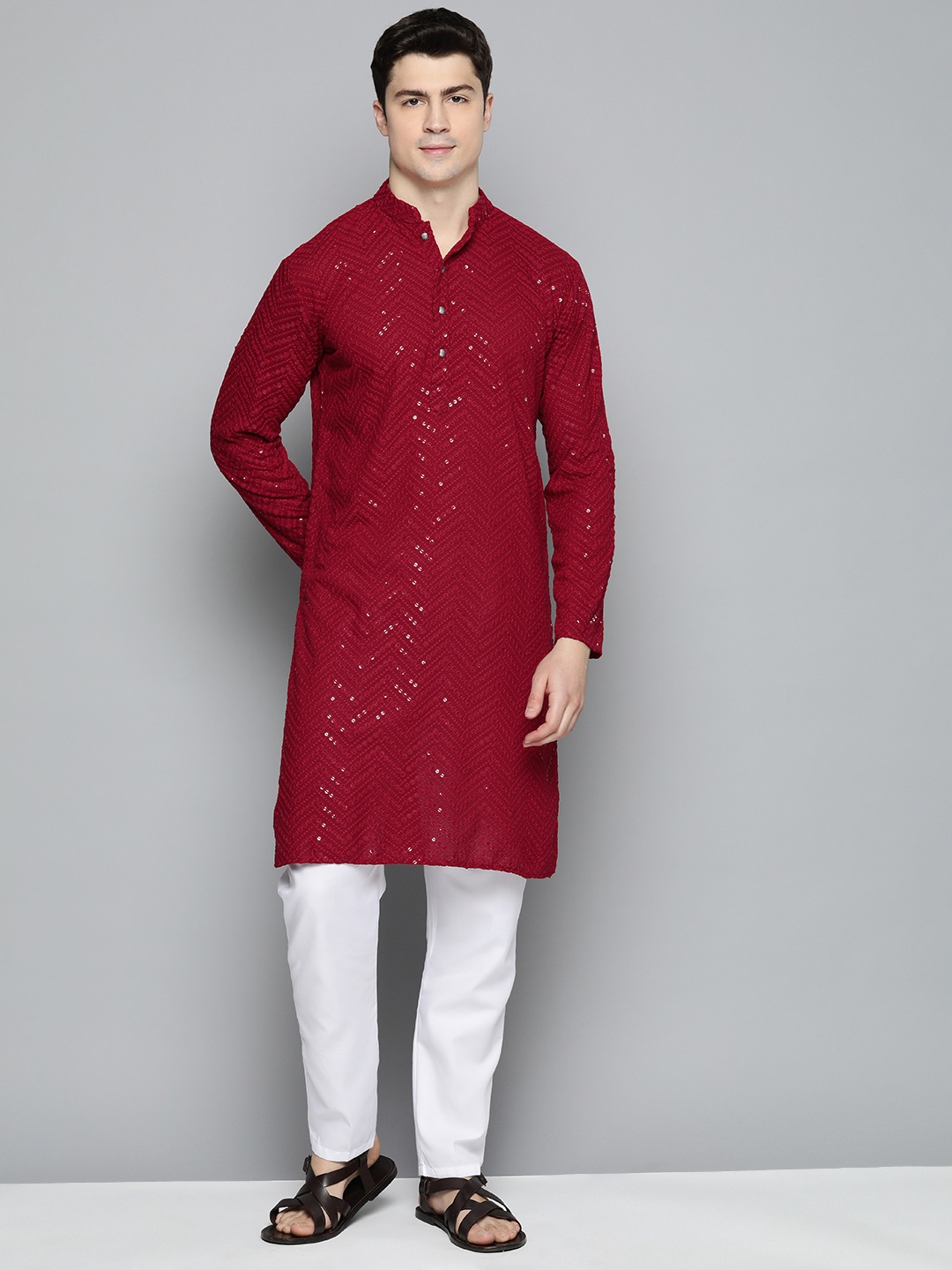 

Jompers Men Embroidered Sequinned Pure Cotton Kurta with Pyjamas, Maroon