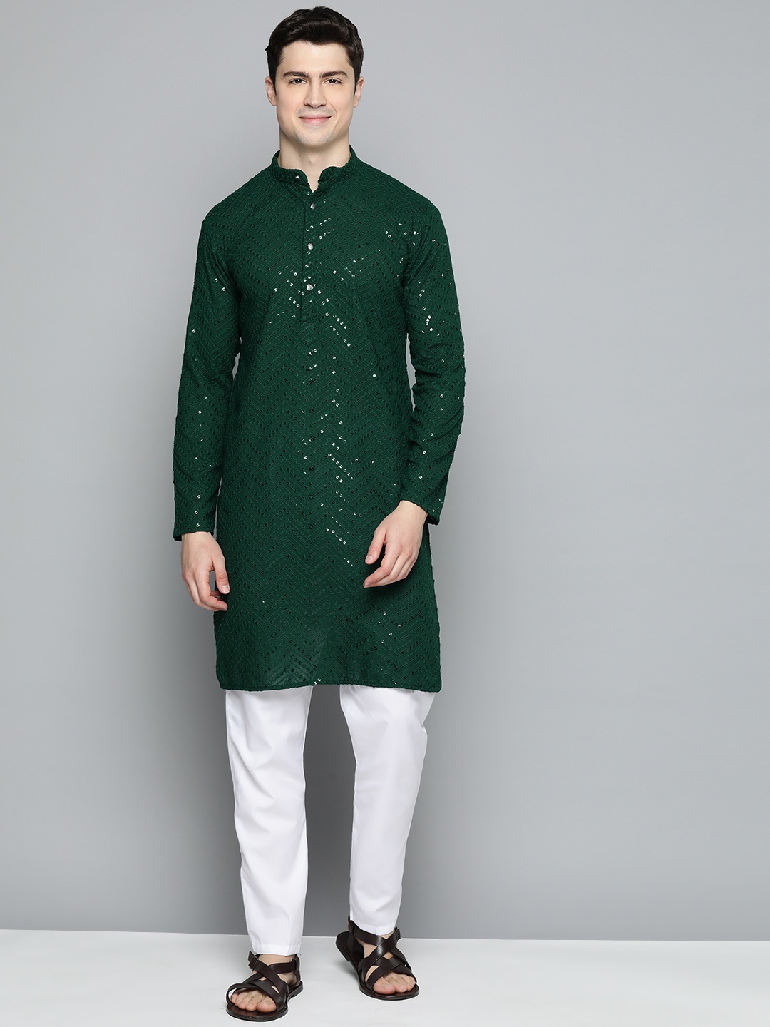 

Jompers Men Embroidered Sequinned Pure Cotton Kurta with Pyjamas, Green