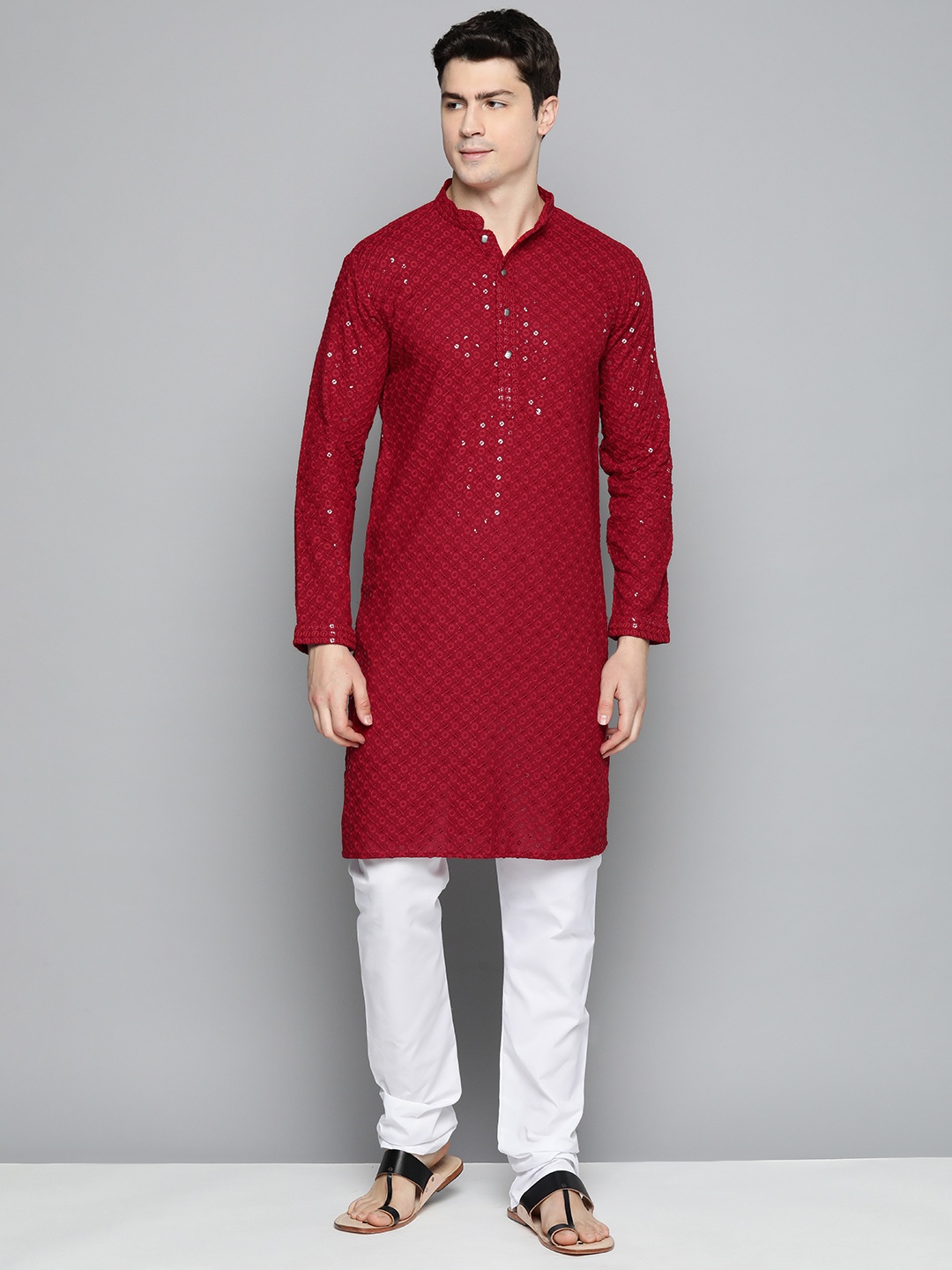 

Jompers Men Floral Embroidered Chikankari Pure Cotton Kurta with Pyjamas, Maroon
