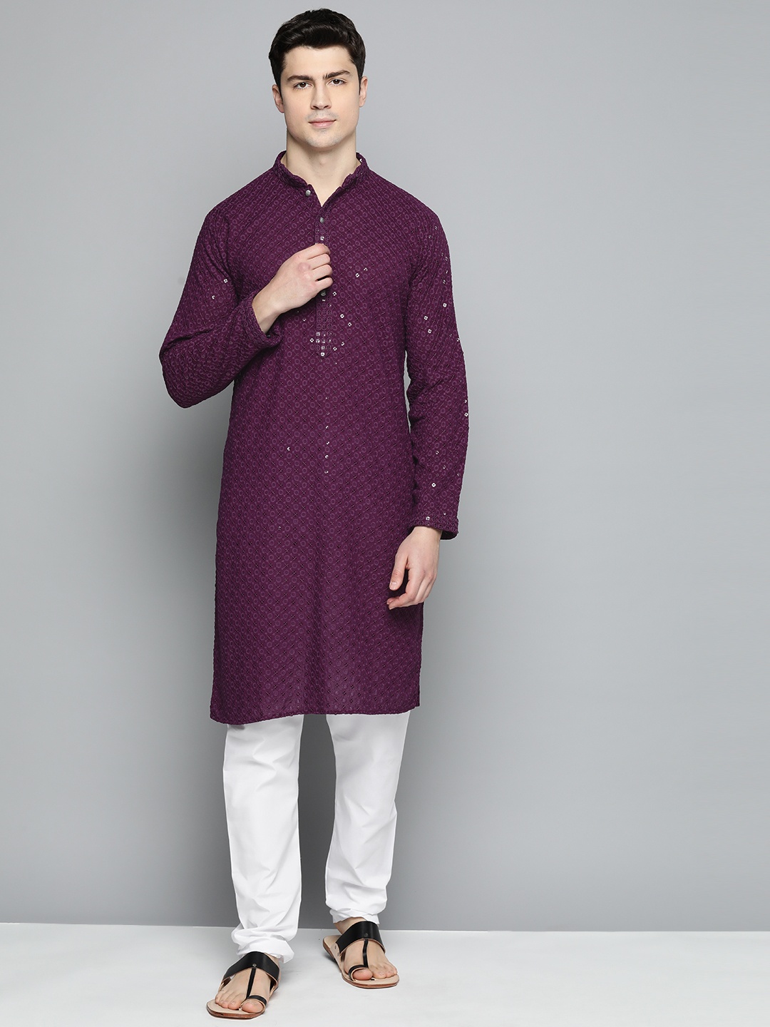 

Jompers Men Floral Embroidered Chikankari Pure Cotton Kurta with Churidar, Purple