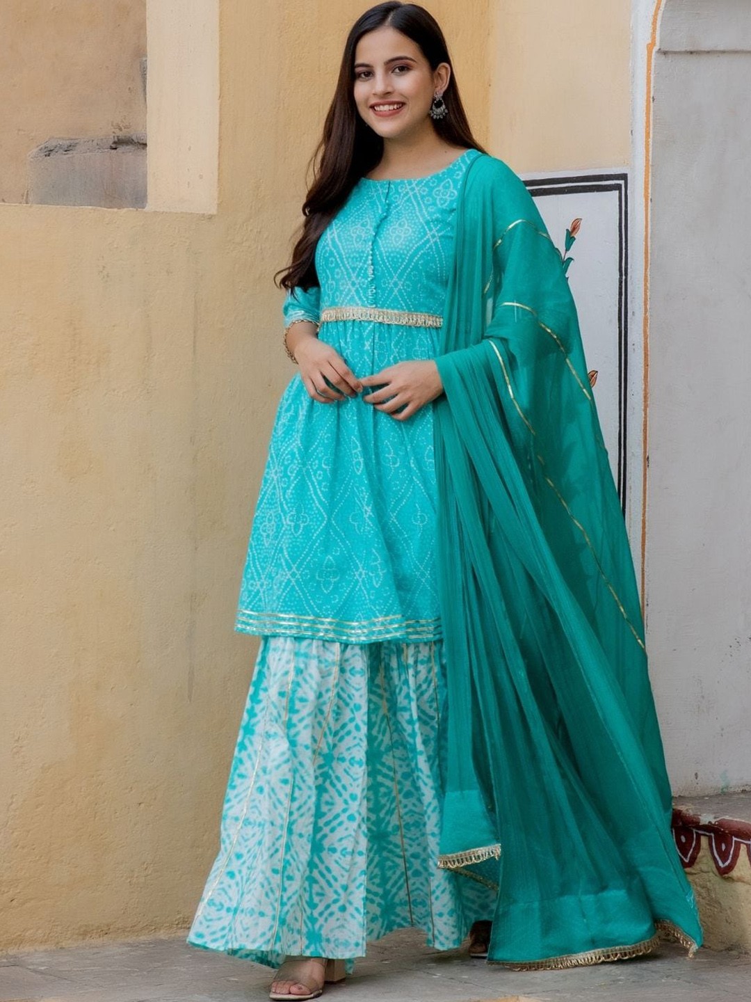 

HOUSE OF JAMOTI Women Bandhani Printed Pleated Kurta with Sharara & Dupatta, Blue