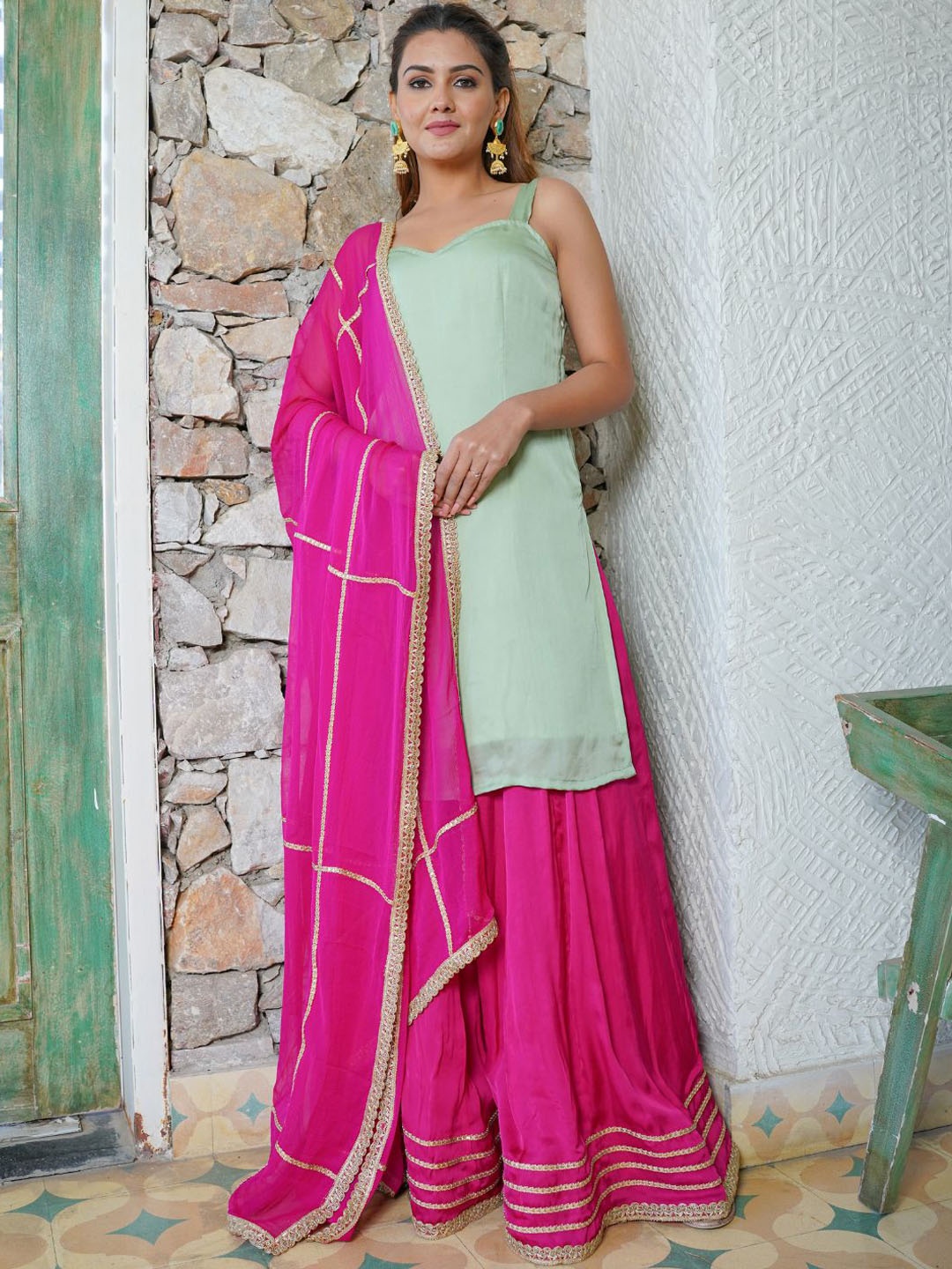 

HOUSE OF JAMOTI Women Kurta with Sharara & Dupatta, Sea green