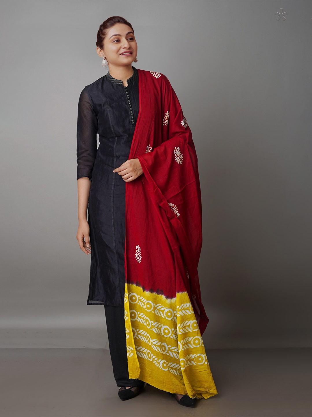 

Unnati Silks Maroon & Yellow Ethnic Motifs Printed Pure Cotton Batik Dupatta