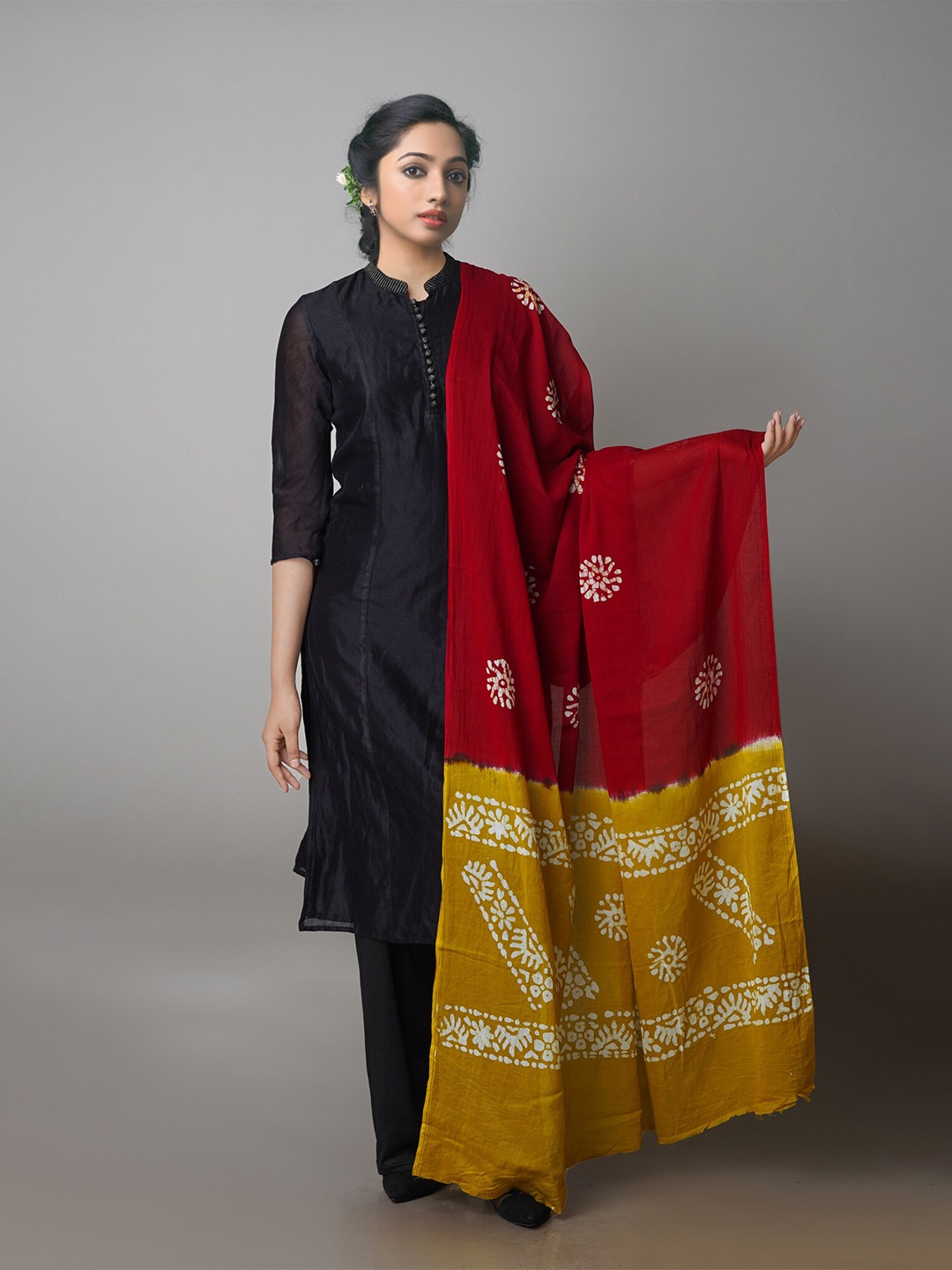 

Unnati Silks Maroon & Yellow Ethnic Motifs Printed Pure Cotton Batik Dupatta
