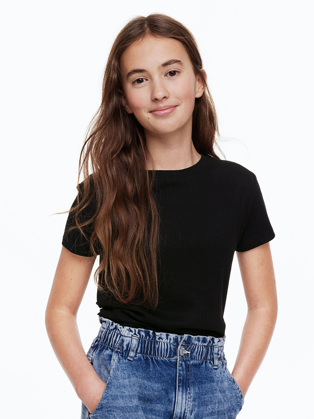 

H&M Girls Ribbed Cotton Jersey Top, Black
