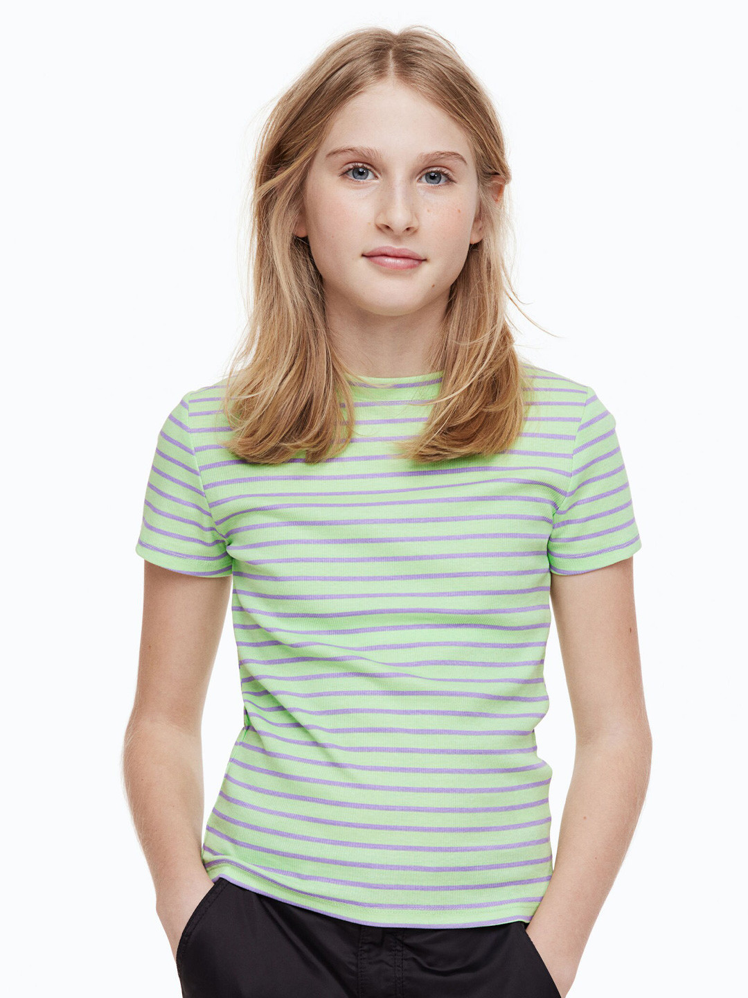 

H&M Girls Ribbed Cotton Jersey Top, Green