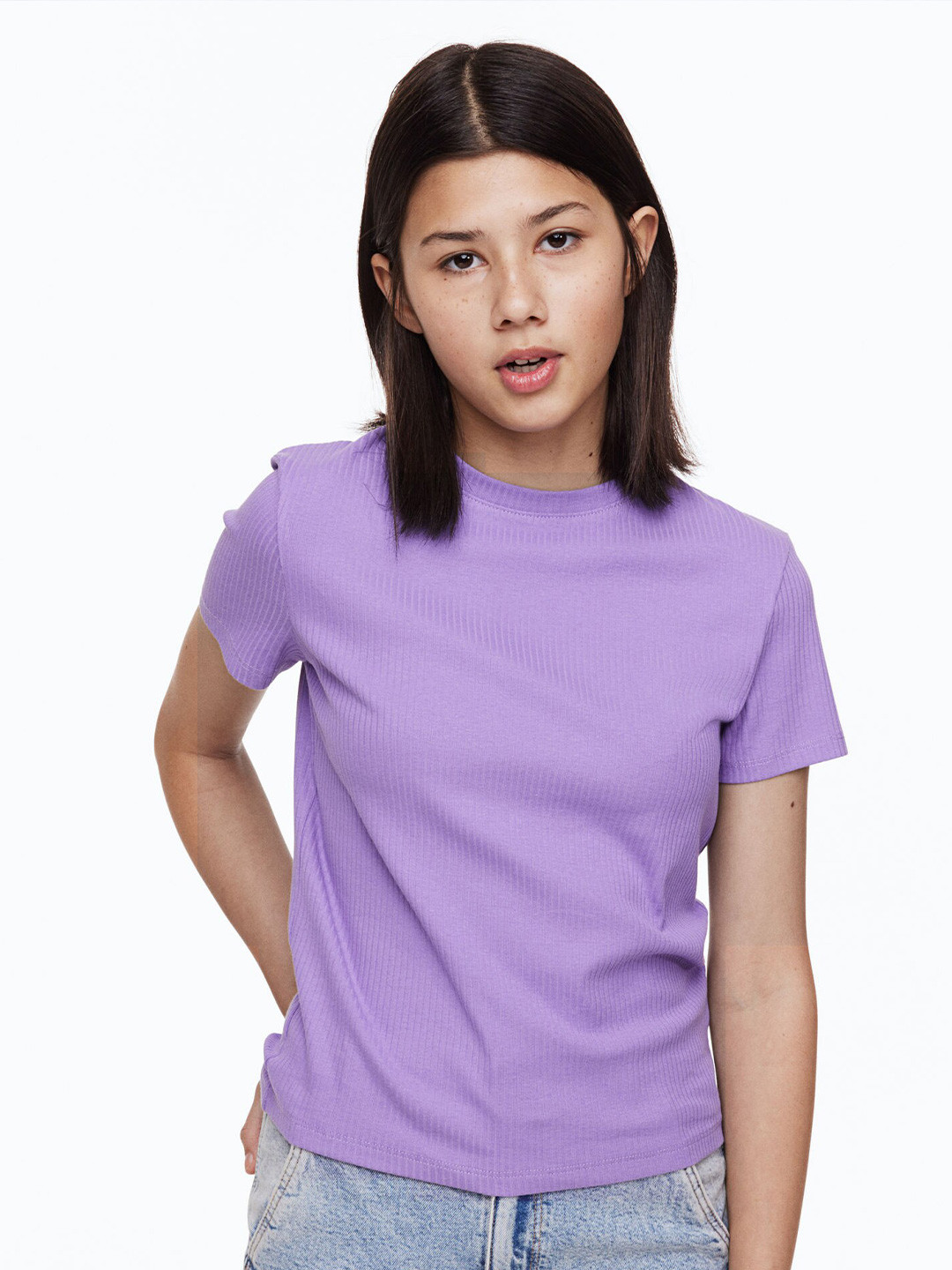 

H&M Girls Ribbed Cotton Jersey Top, Purple