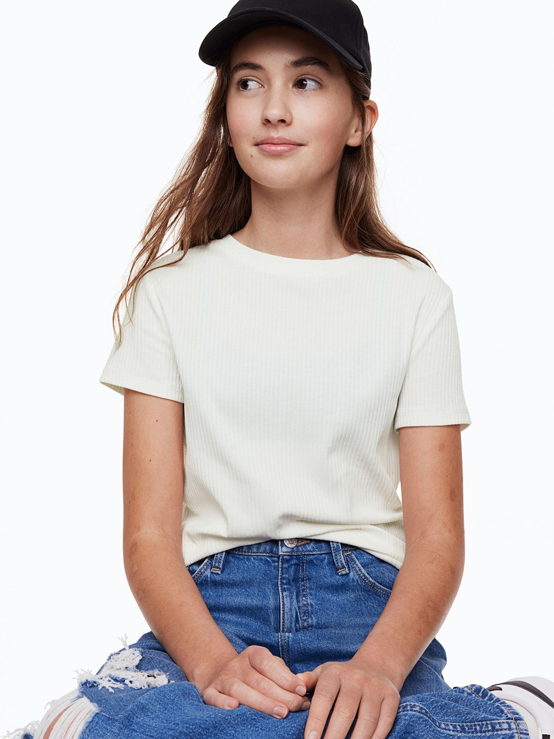 

H&M Girls Ribbed Cotton Jersey Top, White
