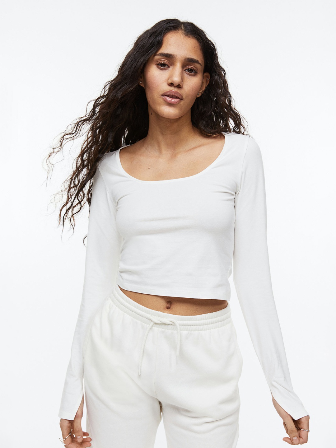 

H&M Women Long-Sleeved Cotton Top, White