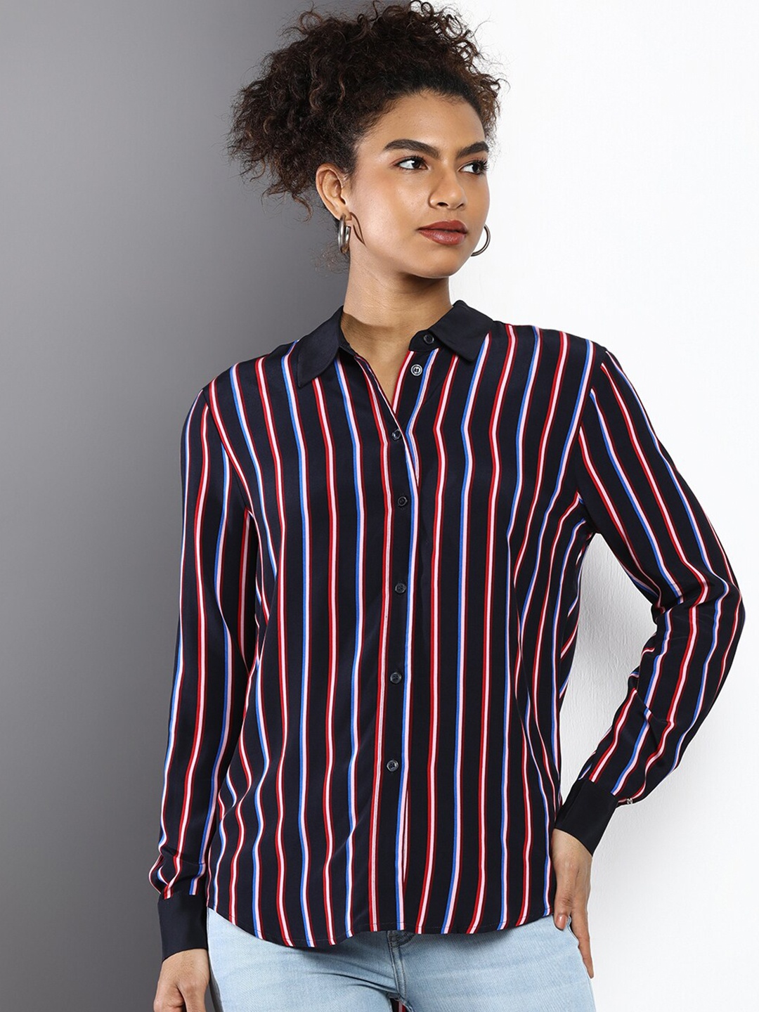 

Tommy Hilfiger Women Navy Blue Striped Casual Shirt