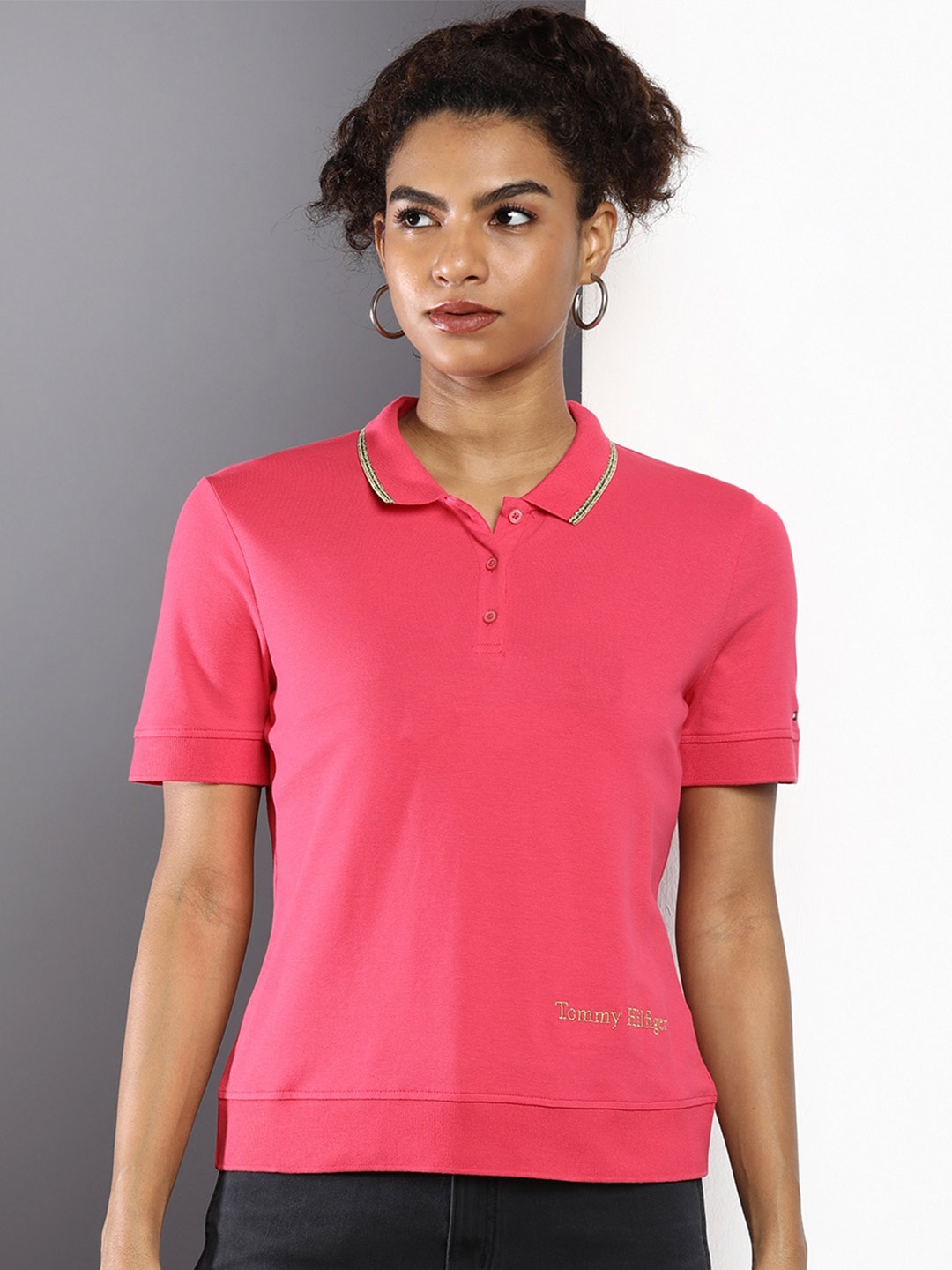 

Tommy Hilfiger Women Pink Polo Collar T-shirt