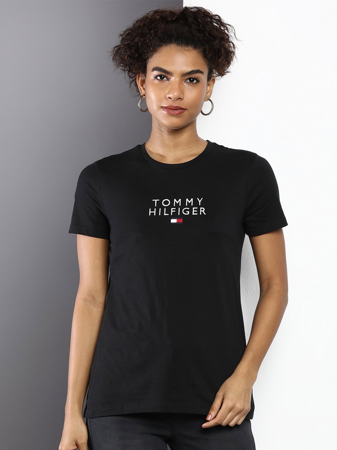 

Tommy Hilfiger Women Typography Printed Cotton T-shirt, Black