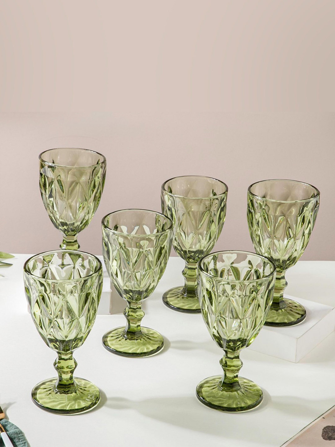 

Nestasia Set Of 6 Green Textured Crystal Durable Wine Glasses 300 ml