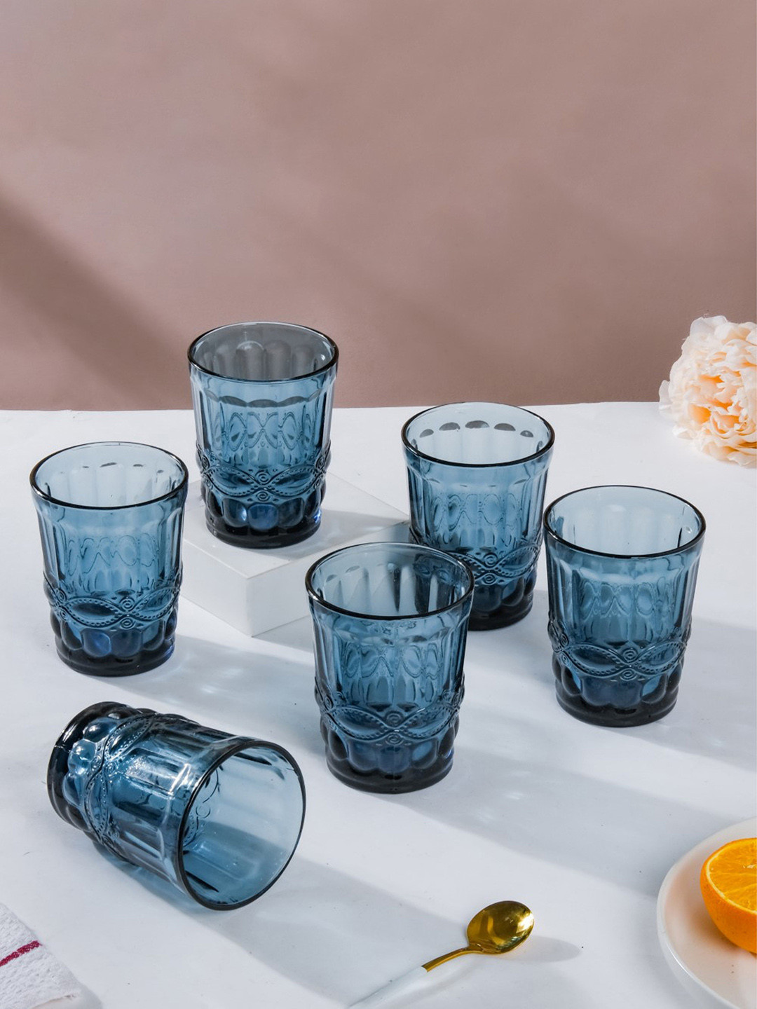 

Nestasia Set Of 6 Blue Textured Everyday Drinking Glasses - 250ml