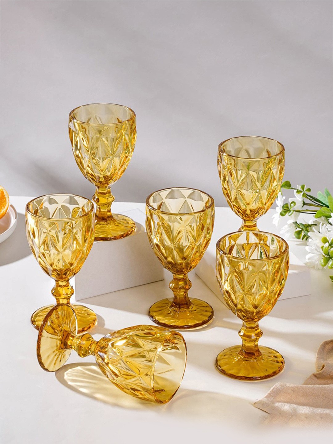 

Nestasia Set Of 6 Amber-Yellow Textured Durable Wine Glasses 250ml Each