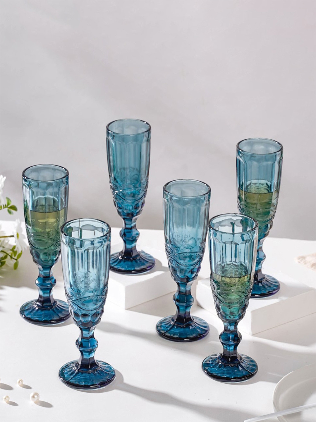 

Nestasia Set Of 6 Blue Textured Stemmed Glass 150 ml