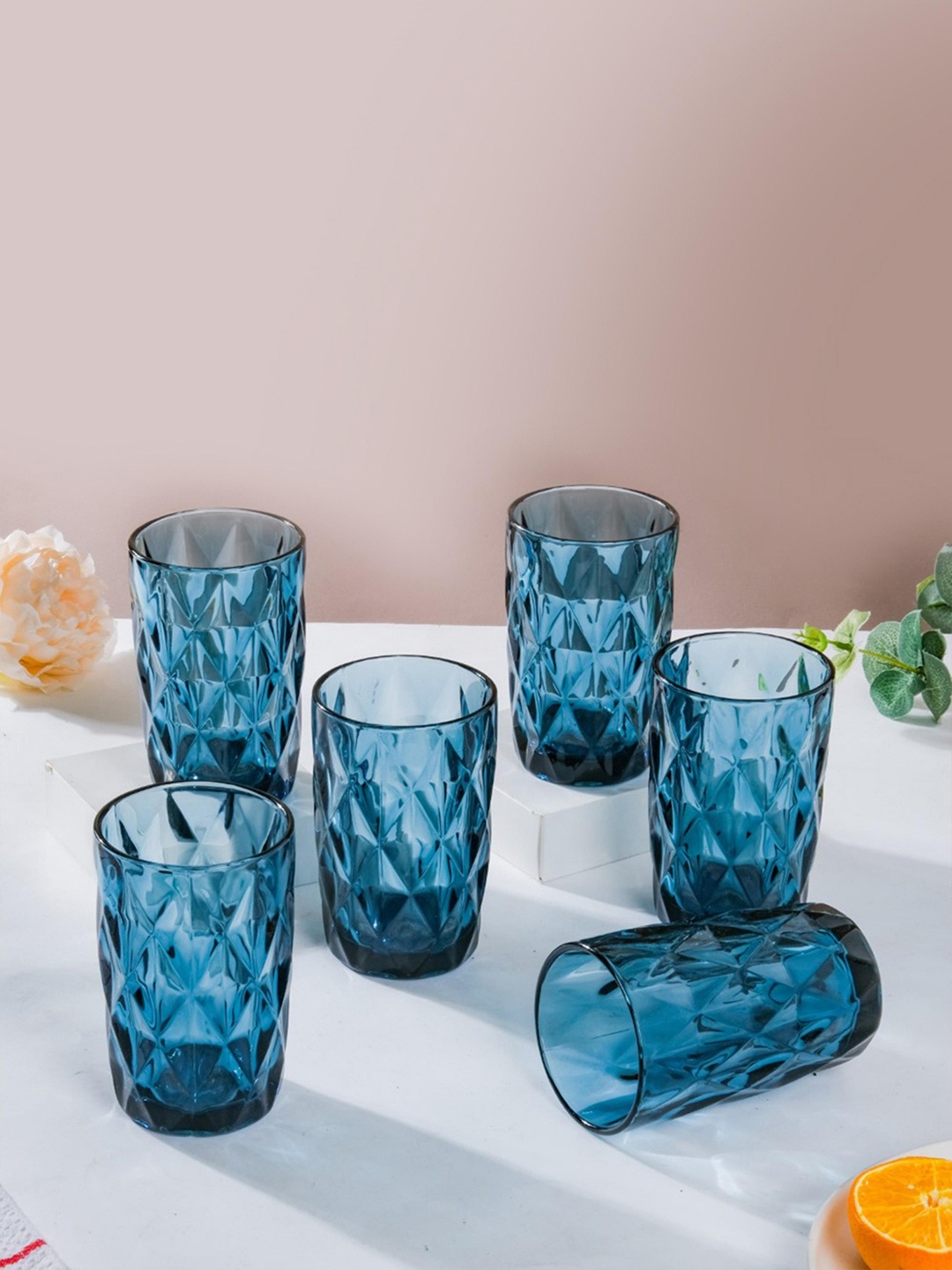 

Nestasia Set Of 6 Blue Textured Crystal Tumbler Glass 350ml